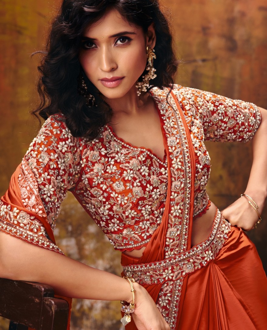 27105 - Orange Embroidered Wedding Party Designer Saree